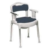 White and blue adjustable shower chair with armrests, backrest, and seat opening, front view.