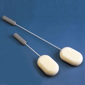 Two long handled sponges with grey grips and white sponge heads on a blue background, side by side, top view.