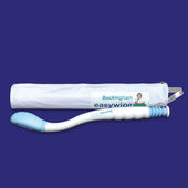 White and blue ergonomic toilet tissue aid with storage pouch, side view.