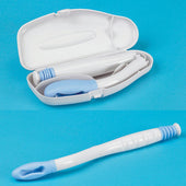 Buckingham Easywipe folding toilet tissue aid in white and blue with compact case, shown open and closed on blue background, top view.