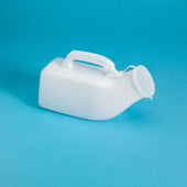 Male urinal with handle and snap-on lid on blue background, side view.