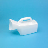 White plastic female urinal with handle on blue background, front view.