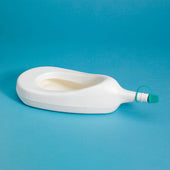 Homecraft Slipper Urinal in white plastic with green cap, designed for use in bed, shown on blue background, side view.