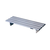 Small rectangular bath board with silver frame, three slats and short legs, top angle view.