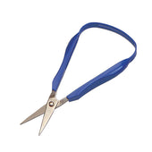 Easi-Grip scissors with blue flexible handles and short pointed 45mm blades, close-up view.