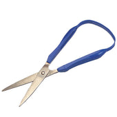75mm pointed Easi-Grip scissors with lightweight blue plastic handles, open position on white background, top view.