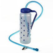 Transparent bottle with blue lid, handle and drinking tube, designed for easy access to fluids, front view.