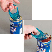 Homecraft Canpull Ring Pull Can Opener being used to open a can of baked beans, in use close-up.