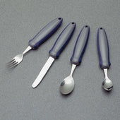 Four-piece Homecraft cutlery set with soft, non-slip handles: fork, knife, spoon and teaspoon on white background, top view.