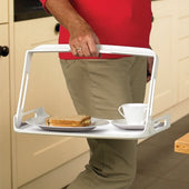 Homecraft One Handed Tray with Non Slip Mat holding a sandwich and cup carried in one hand, in use.