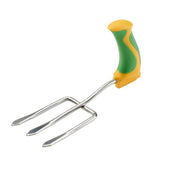 Green and yellow handled garden fork with three metal prongs, ergonomic design to ease wrist use, angled side view.