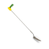 Long handled garden trowel with small metal blade and green-yellow ergonomic grip, side view.