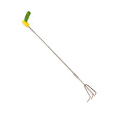 Long handled garden cultivator with green handle, yellow grip, and three metal prongs for reaching soil, side view.