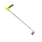 Long handle garden hoe with green and yellow grip and small metal blade, shown from the side.
