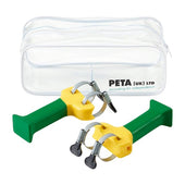 Pair of Easi-Grip add-on handles with metal clamps, placed in front of a clear PETA UK LTD zippered pouch, front view.