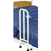 Sidhil Elland Standard Grab Handle fixed to white metal bed rail, blue mattress below, side view.