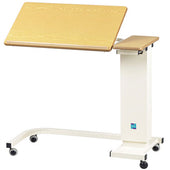 Sidhil Easi-Riser overbed table with tilting top, wheelchair-friendly base and four castor wheels, side view.
