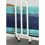 Sidhil Elland Safe-Side Grab Handle with blue padding and mesh fabric attached to Solite Bed, side view.