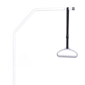 Lifting pole with black strap and grey handgrip for compatible beds, side view.