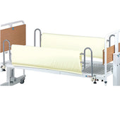 Hospital bed with padded side rail covers, wooden head and foot boards, and castor wheels, side view.