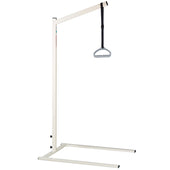 White free-standing lifting pole with handle for helping movement in bed, shown from a side view.