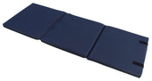 Navy blue crash mattress with three foldable sections, flat on a white background, top-down view.