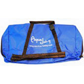 Blue Aquajoy Premier Plus Carry Bag with white Aquajoy branding on the front, designed for carrying a bath lift, front view.