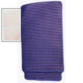 Purple ribbed rectangular air filter with rounded edges next to a blue Aquajoy Bathlifts Premier Plus Back Cover, side view.
