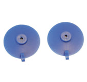 Pair of round blue Aquajoy Bath Lift Middle Suction Feet on a white background, top view.