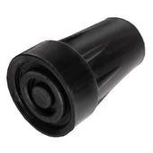Black ridged rubber ferrule, 16mm size, circular base with tapered and textured sides for walking stick tip, angled view.