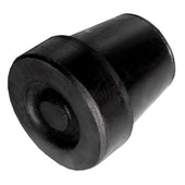 Black rubber walking stick ferrule for 16mm sticks, wide base with circular indent, angled design, close-up view.