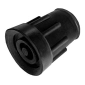 Black rubber ferrule for walking sticks or chair legs, cylindrical with grooves and a flared base, angled view.