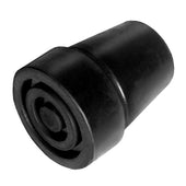 Black 19mm rubber walking stick tip with tapered shape and concentric circles on the base, close-up view.