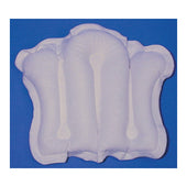 White inflatable PVC bath pillow with three sections, designed to reduce pressure, on a blue background, front view.