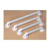 White Able2 Fluted Grab Rails in assorted lengths with non-slip grip, shown parallel on a tan background, top view.