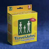 Able2 Portable Urinal in a yellow box with stick figure design and leak-proof label, blue background, front view.