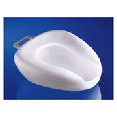 Able2 Oak Leaf Bed Pan made of polypropylene with handle, shown on blue surface, top view.