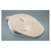 Able2 white polypropylene fracture pan with lid and built-in handle for limited mobility, placed on light blue surface, angled view.