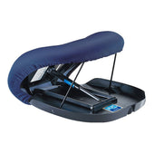 Portable seat lift with blue cushion, metal frame and hydraulic assist, shown from side view.