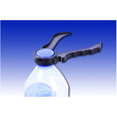 Able2 plastic multi opener holding a blue bottle cap on a clear plastic bottle, blue gradient background, close-up.