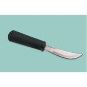 Curved blade rocker knife with black handle and partial serration on light blue background, top view.
