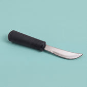 Curved blade rocker knife with black handle and partial serration on light blue background, top view.