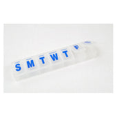 Clear plastic 7 day extra large pill box with compartments labeled Sunday to Saturday, front view.