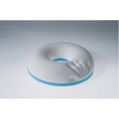 White ring cushion with blue base, hand-shaped indentation and memory foam surface, angled front view.