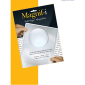 Hands holding a Magnif-i full page magnifier with rigid lens above printed text, packaging shows features and large viewing area, in use view.