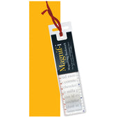 Magnif-i magnifying bookmark with red ribbon placed on yellow book cover, showing enlarged text below, top view.
