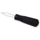 Button hook with black handle and metal loop for fastening buttons, close-up view.