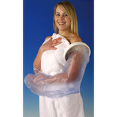 Woman in a towel putting Able2 waterproof long arm cast protector on her arm, blue background, in use view.