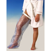 Adult long leg waterproof cast protector in use, covering a person’s leg in the shower, front view.