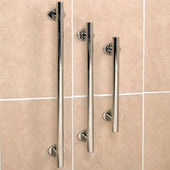 Three stainless steel grab rails in different lengths mounted vertically on beige tiles, front view.